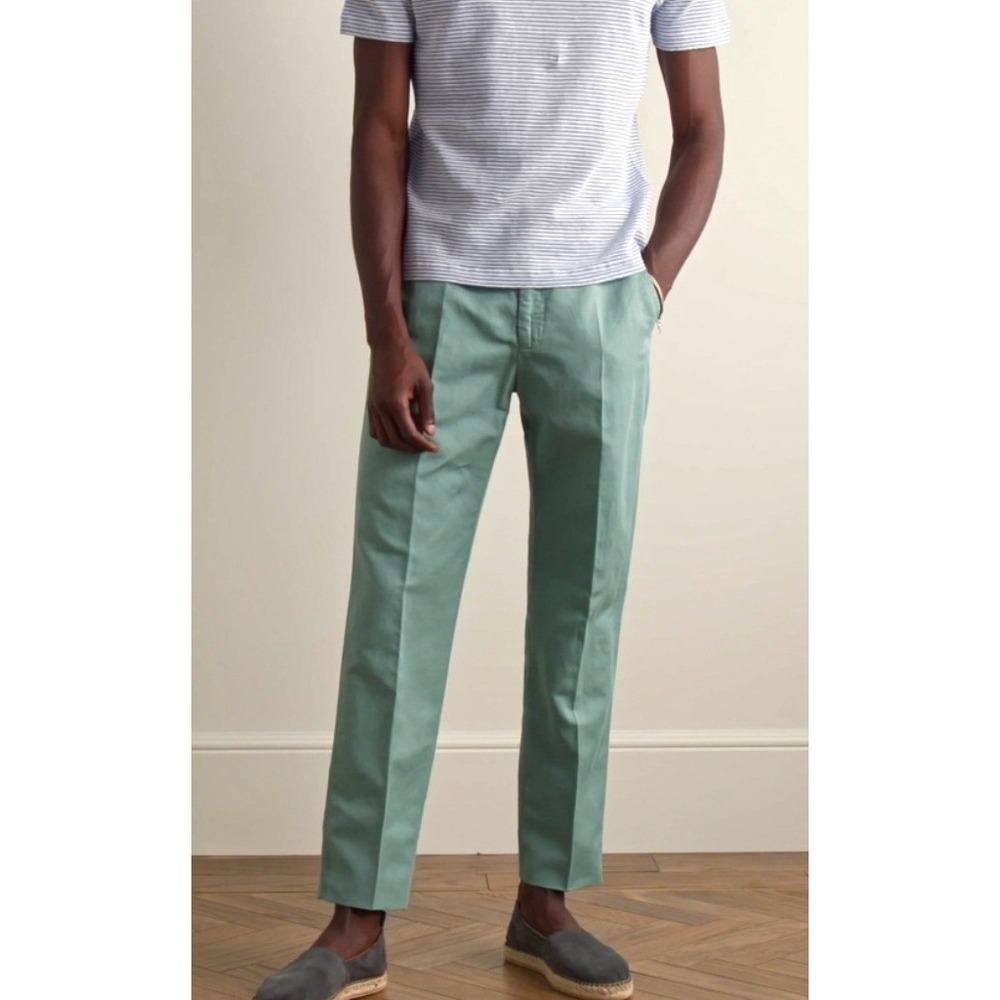 Incotex Slowear Mens Modern Fit Chinolino Stretch Linen Cotton Pants Green 40